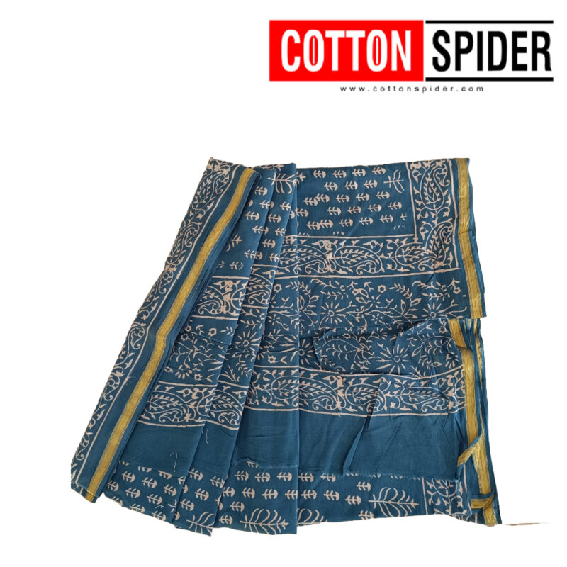 MulMul Dark Blue and Golden Yellow Border Saree
