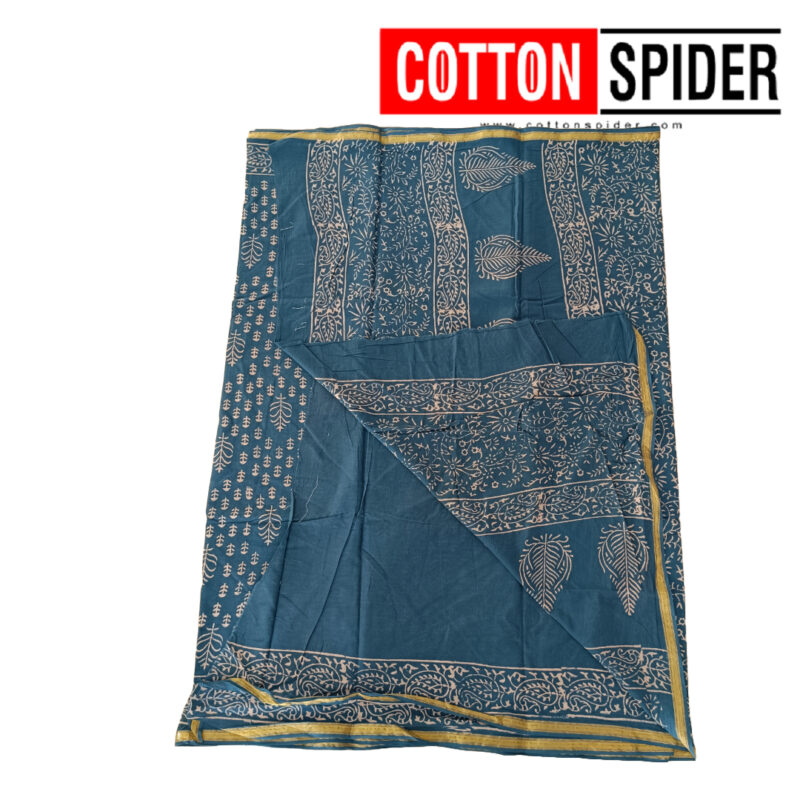 MulMul Dark Blue and Golden Yellow Border Saree - Image 2