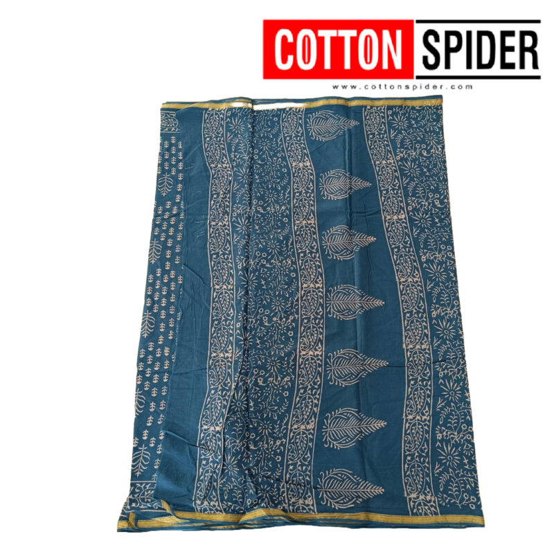 MulMul Dark Blue and Golden Yellow Border Saree - Image 3
