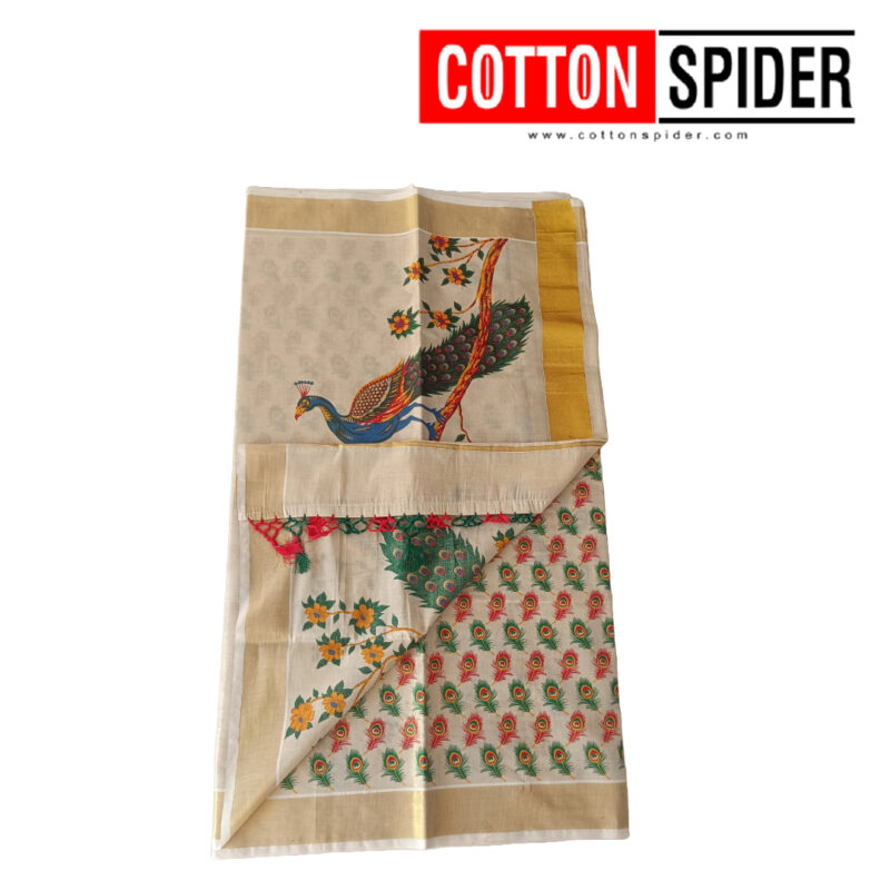 Kerala Golden Border with Peacock Saree - Image 2