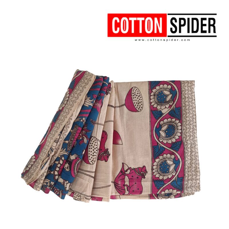 Kalamkari Dark Blue  & Pink  Flower Rarre Design Saree
