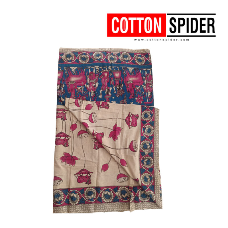 Kalamkari Dark Blue  & Pink  Flower Rarre Design Saree - Image 2