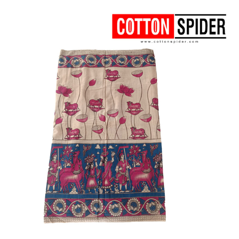 Kalamkari Dark Blue  & Pink  Flower Rarre Design Saree - Image 3