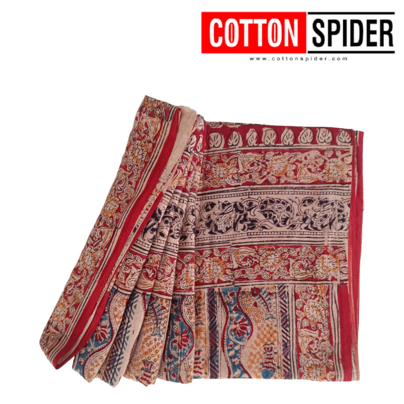 Kalamkari Light Red,Blue & Orange  Design Saree
