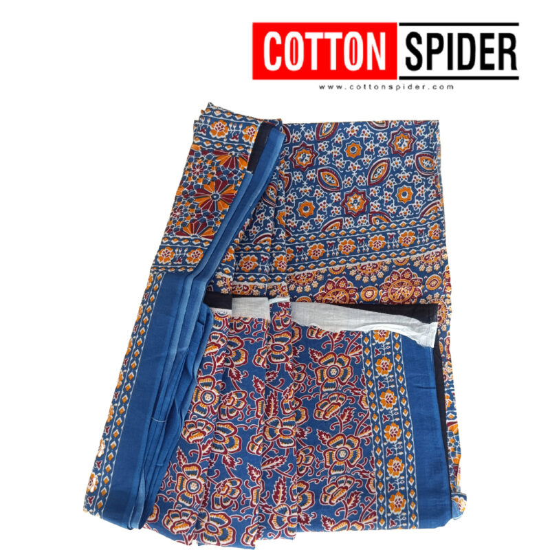 MulMul Light Ink Blue ,Black with Red colour Design Saree