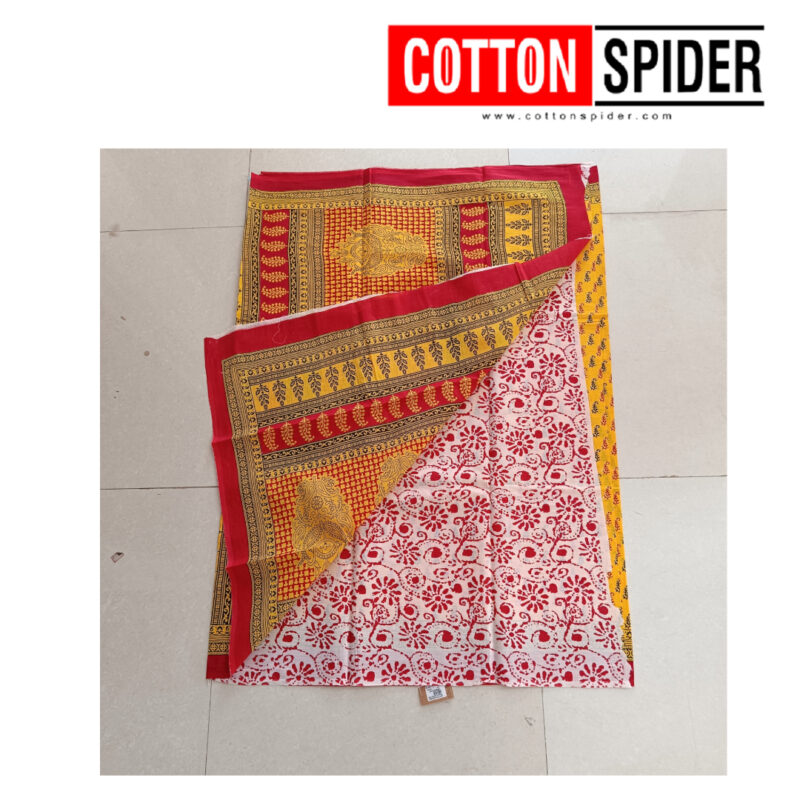 MulMul Dark Yellow ,White with Pink Design Saree - Image 2