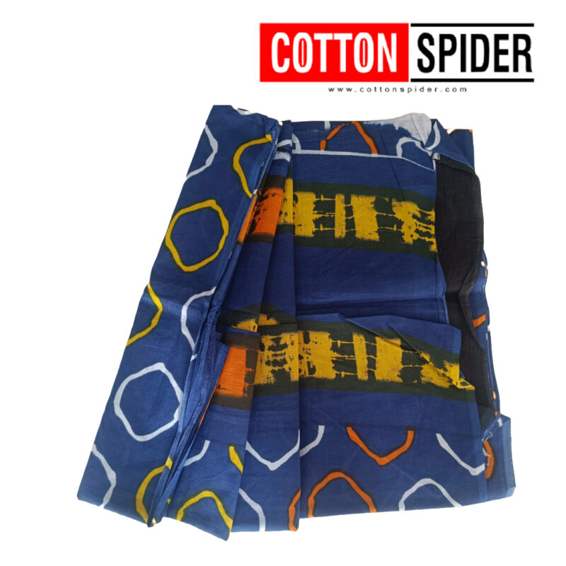 MulMul Dark Blue with Yellow & Red Mixed Design Saree
