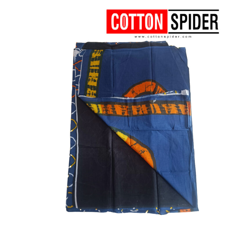 MulMul Dark Blue with Yellow & Red Mixed Design Saree - Image 2
