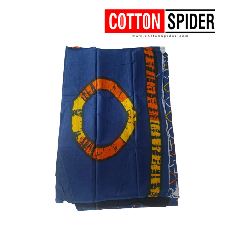 MulMul Dark Blue with Yellow & Red Mixed Design Saree - Image 3