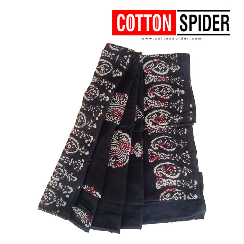 MulMul Dark Black with White ,Pink Mixed Design Saree