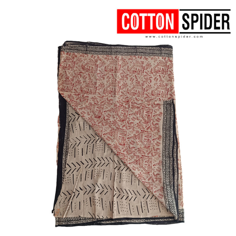 MulMul Sandle and Lignht Red with Black Border Saree - Image 2