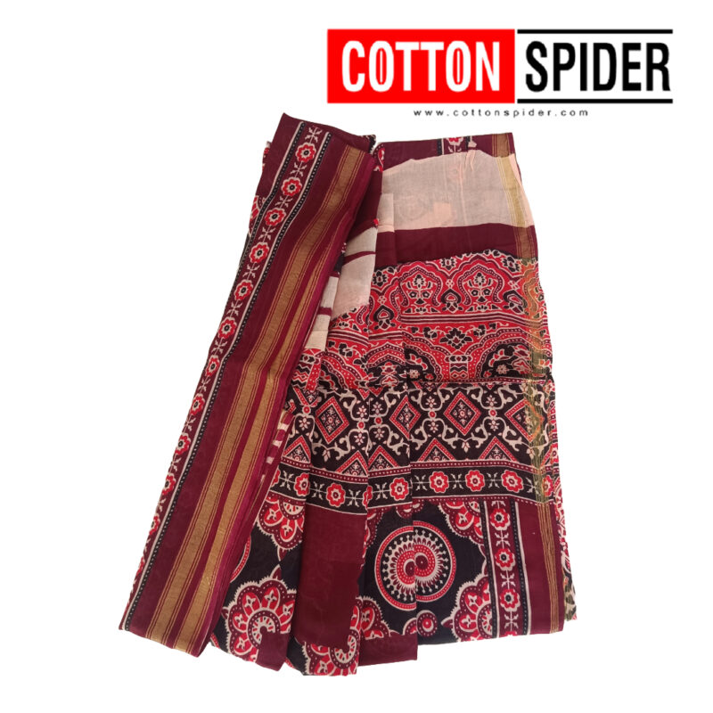 MulMul Dark Red with White ,Pink Mixed Design Saree