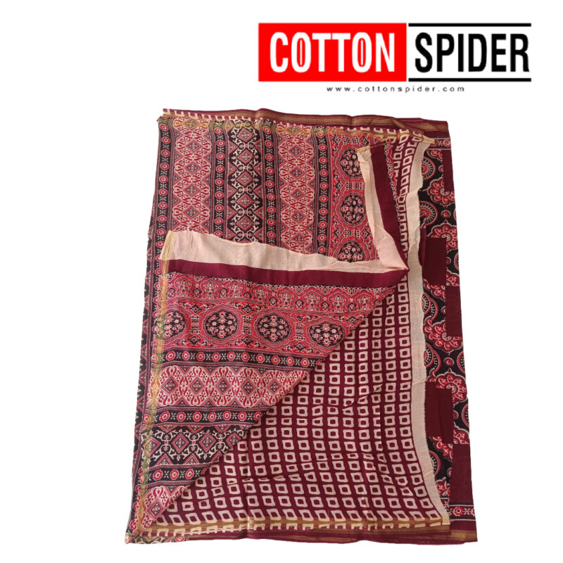 MulMul Dark Red with White ,Pink Mixed Design Saree - Image 2