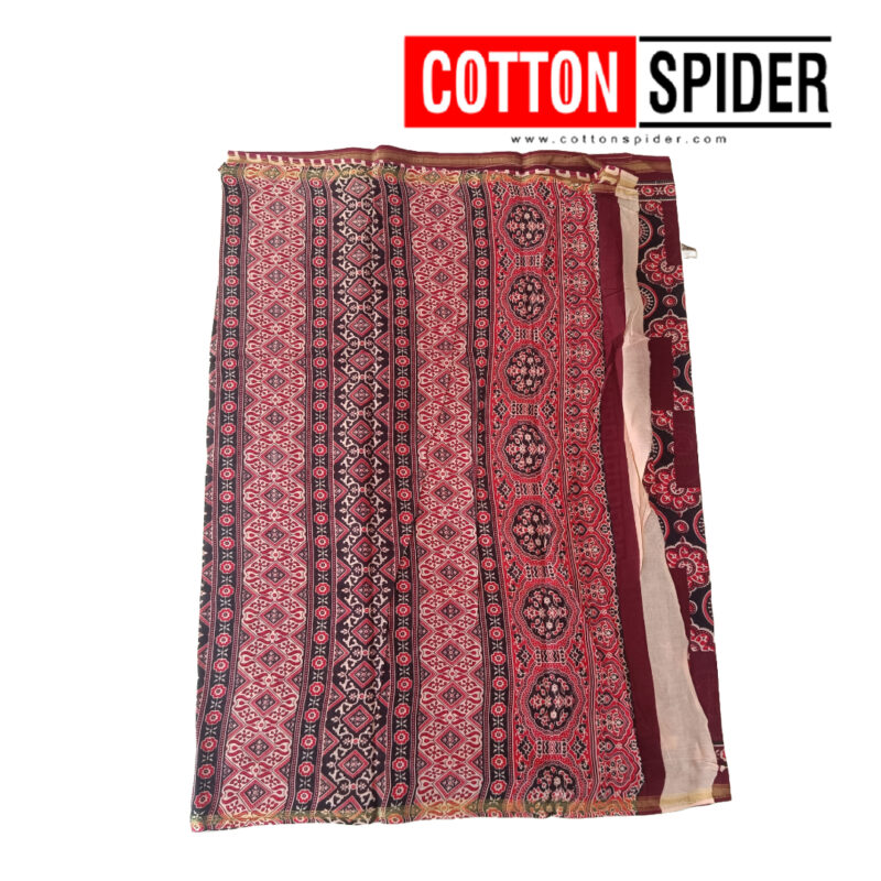 MulMul Dark Red with White ,Pink Mixed Design Saree - Image 3