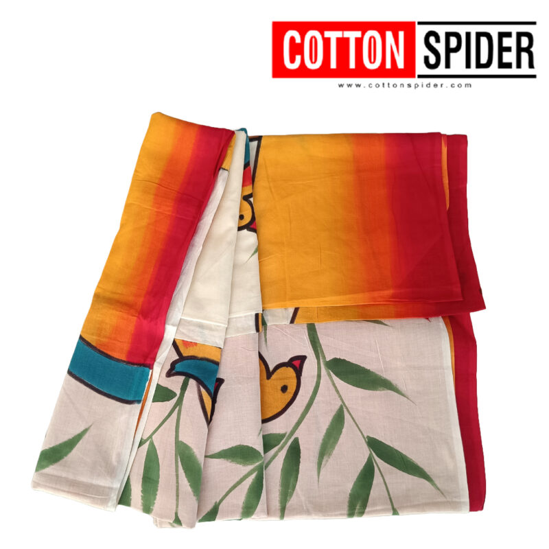 MulMul Sandle,Yellow,Red with leaf Design Saree