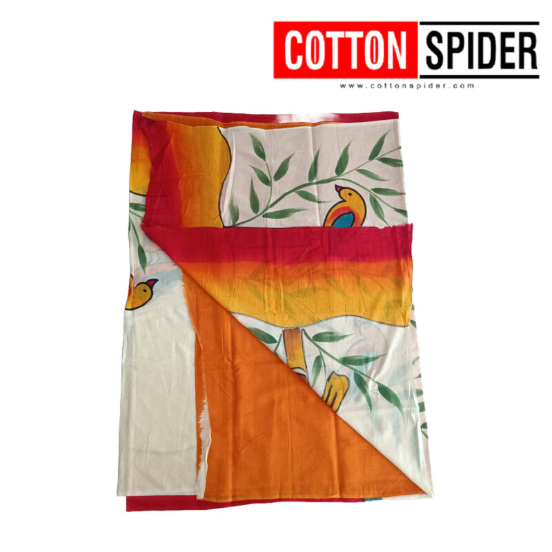 MulMul Sandle,Yellow,Red with leaf Design Saree - Image 2