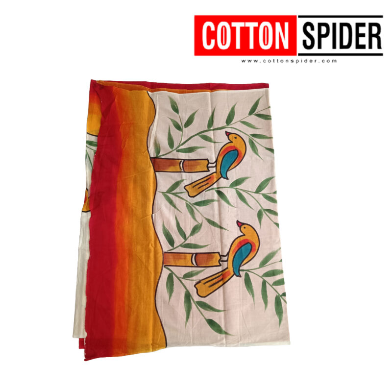 MulMul Sandle,Yellow,Red with leaf Design Saree - Image 3