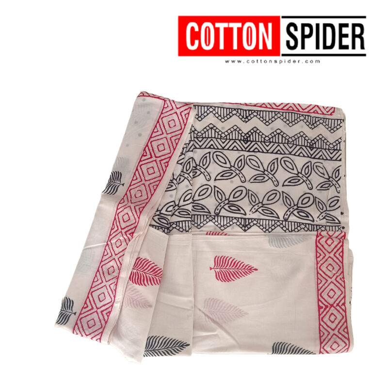 MulMul White with Black &  Light Pink Design Saree