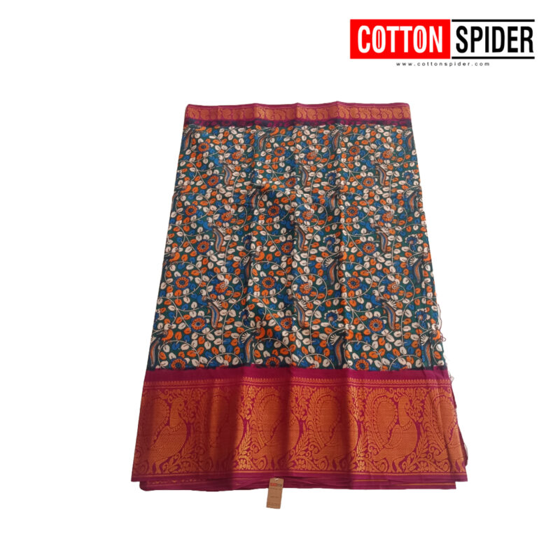 Sungadi  Kalamkari Design with Red Border Saree - Image 3