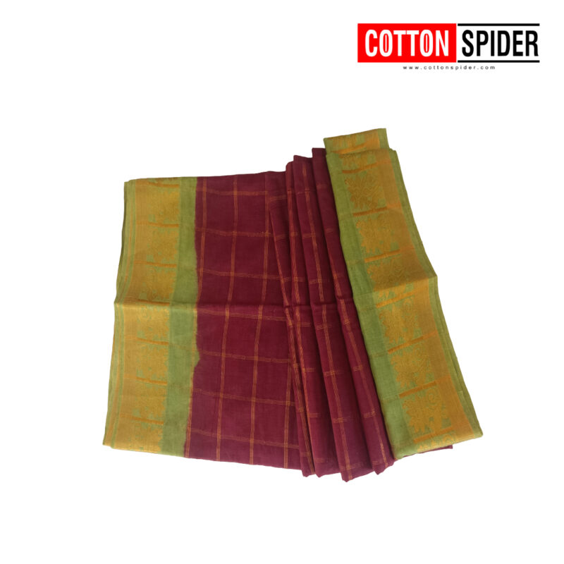 Sungadi Maroon Checked with Green  Border Saree