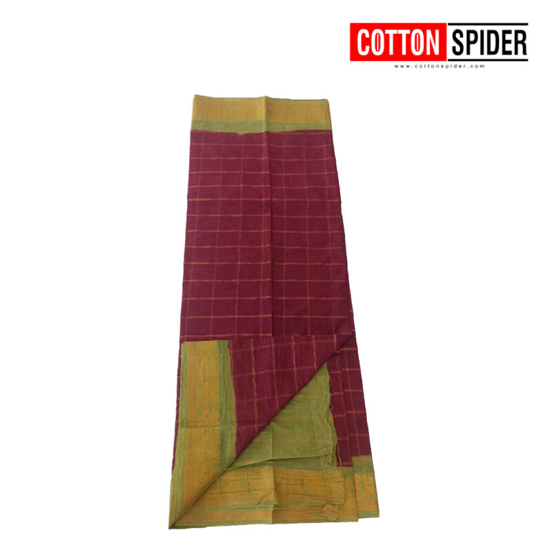 Sungadi Maroon Checked with Green  Border Saree - Image 2