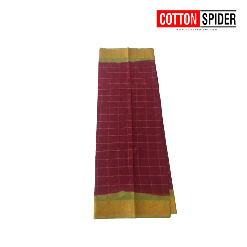 Sungadi Maroon Checked with Green  Border Saree - Image 3