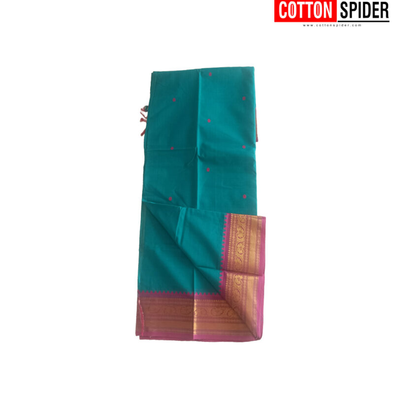 Chettinadu Blue Saree with Pink Border - Image 2