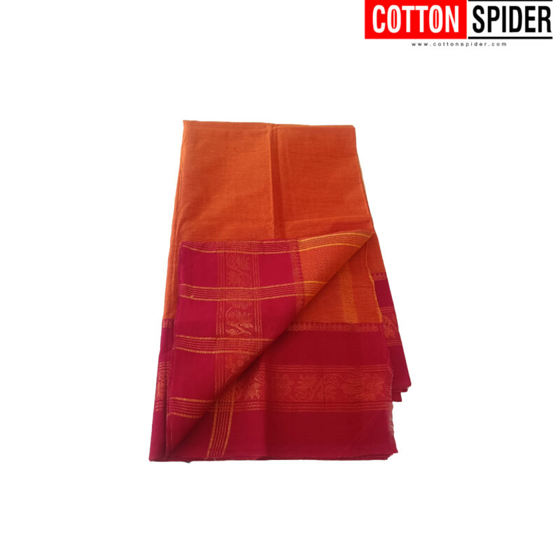 Chettinad Orange Saree with Pink & Red Border - Image 3