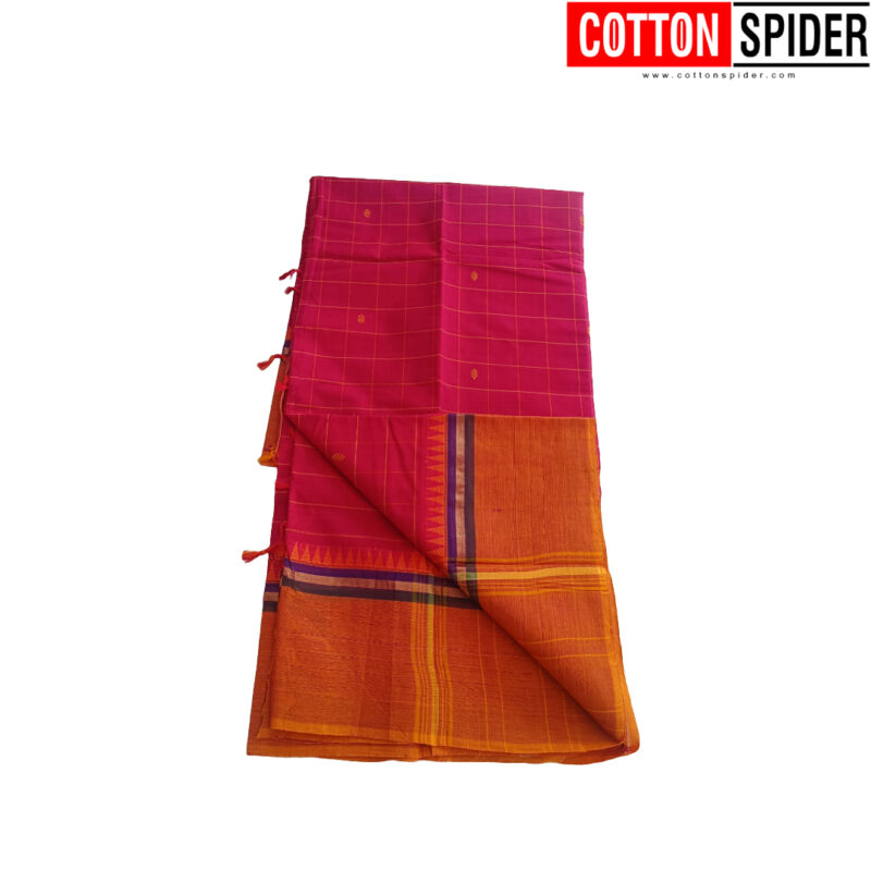 Chettinad Red Saree with  Yellow Border - Image 3