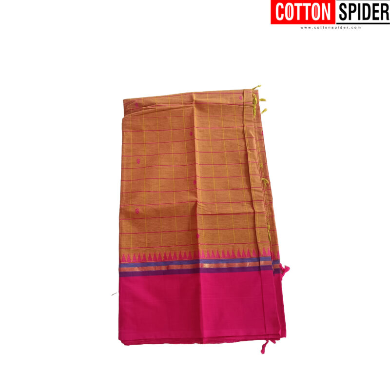 Chettinad Yellow Saree with  Pink Border - Image 2