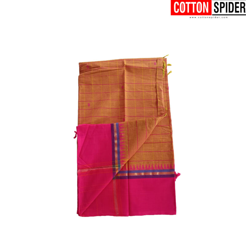 Chettinad Yellow Saree with  Pink Border - Image 3