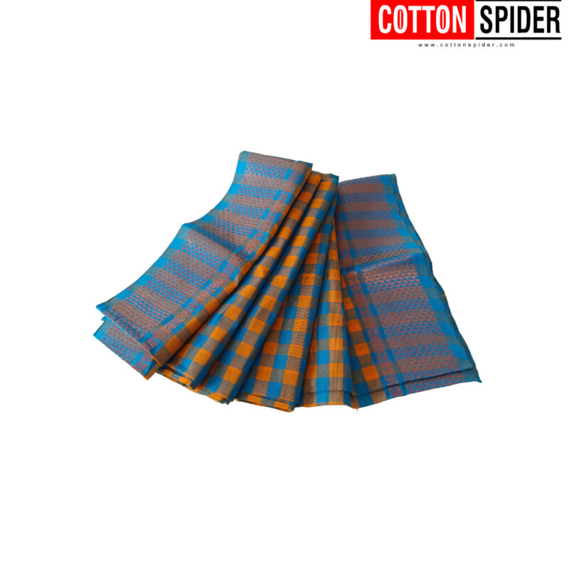 Chettinad Yellow & Blue Checked  Saree with  Blue Border