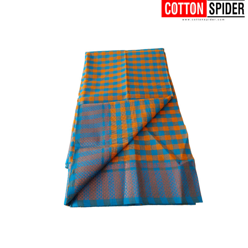 Chettinad Yellow & Blue Checked  Saree with  Blue Border - Image 3