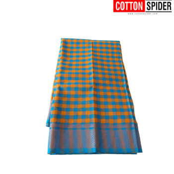 Chettinad Yellow & Blue Checked  Saree with  Blue Border - Image 2