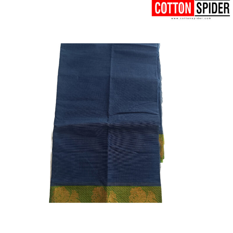 Chettinad  Blue  Saree with  Green Border - Image 2