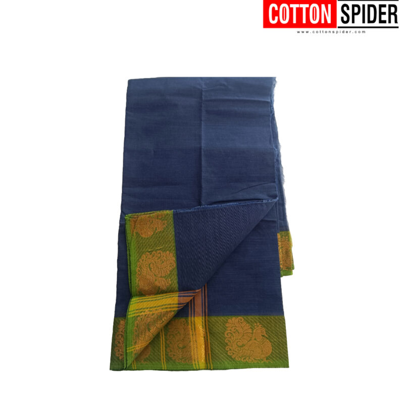 Chettinad  Blue  Saree with  Green Border - Image 3
