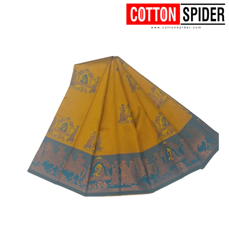 Soft Silk Yellow Saree with Blue Border - Image 2