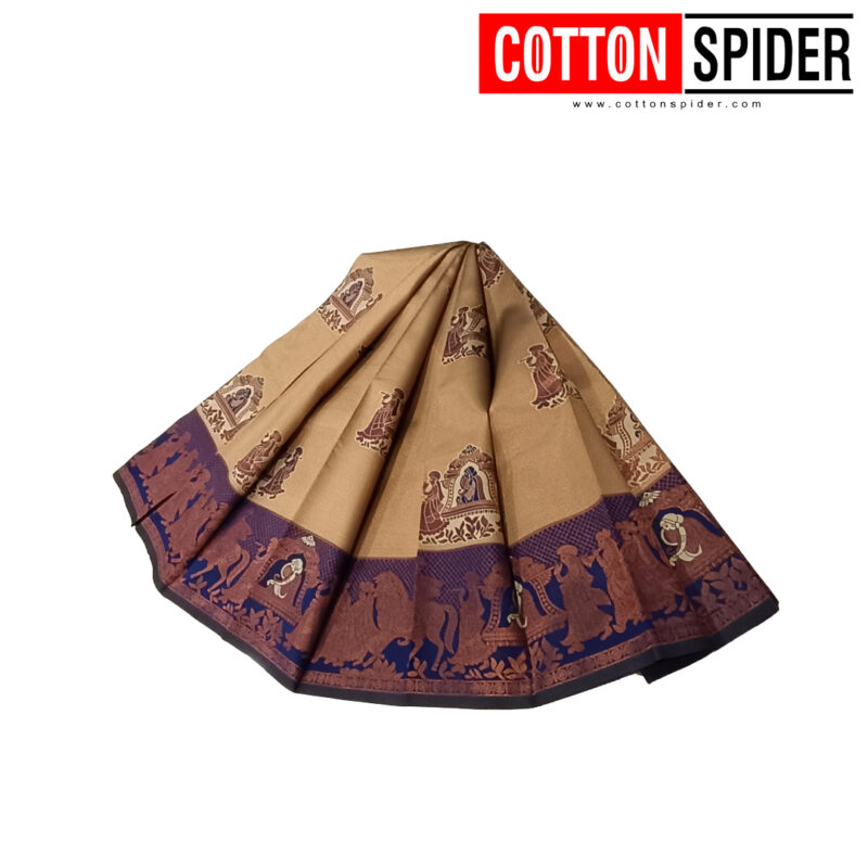 Soft Silk Sandal Saree with Blue Border - Image 2