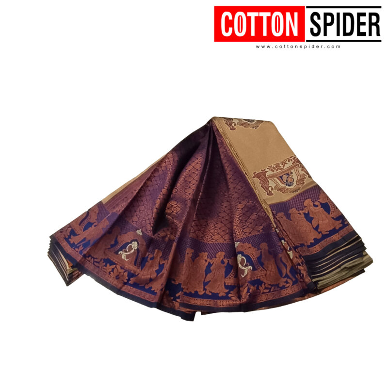 Soft Silk Sandal Saree with Blue Border - Image 3