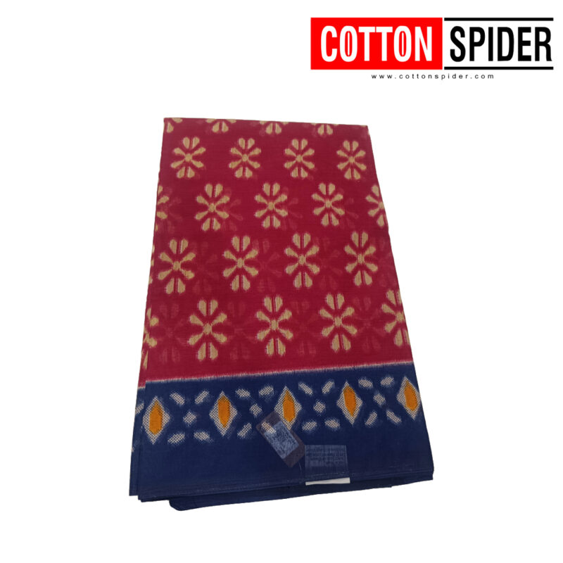 Fancy Cotton Red  Saree with Blue Border - Image 2