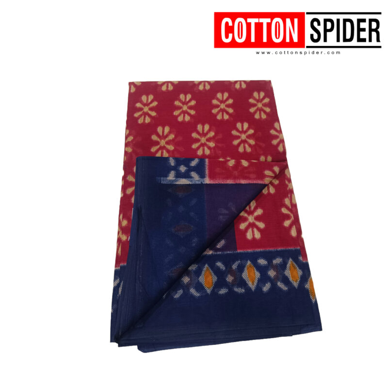 Fancy Cotton Red  Saree with Blue Border - Image 3
