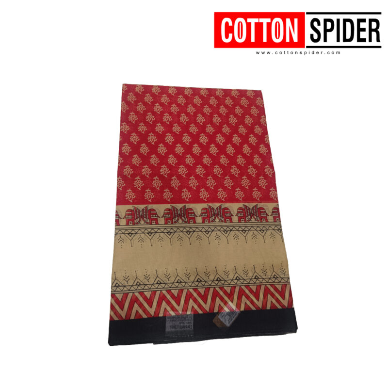 Fancy Cotton Red  Saree with Blue Border - Image 2