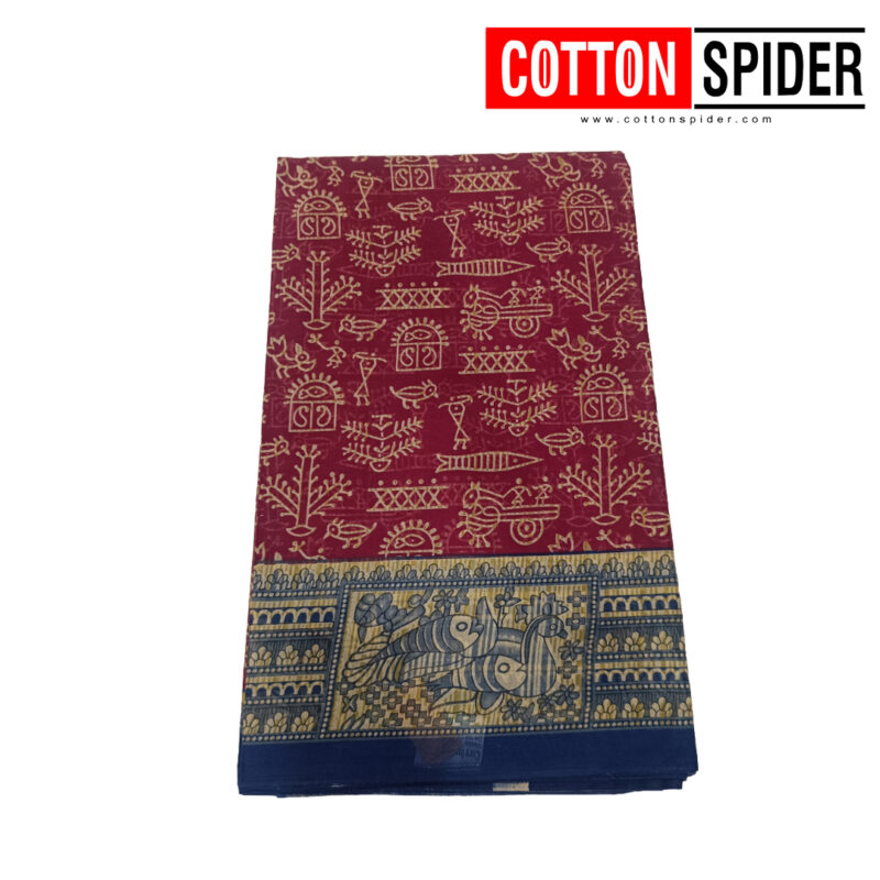 Fancy Cotton Red  Saree with Blue Border - Image 2