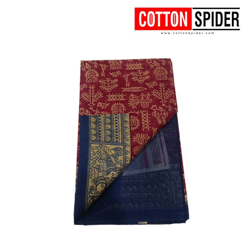Fancy Cotton Red  Saree with Blue Border - Image 3