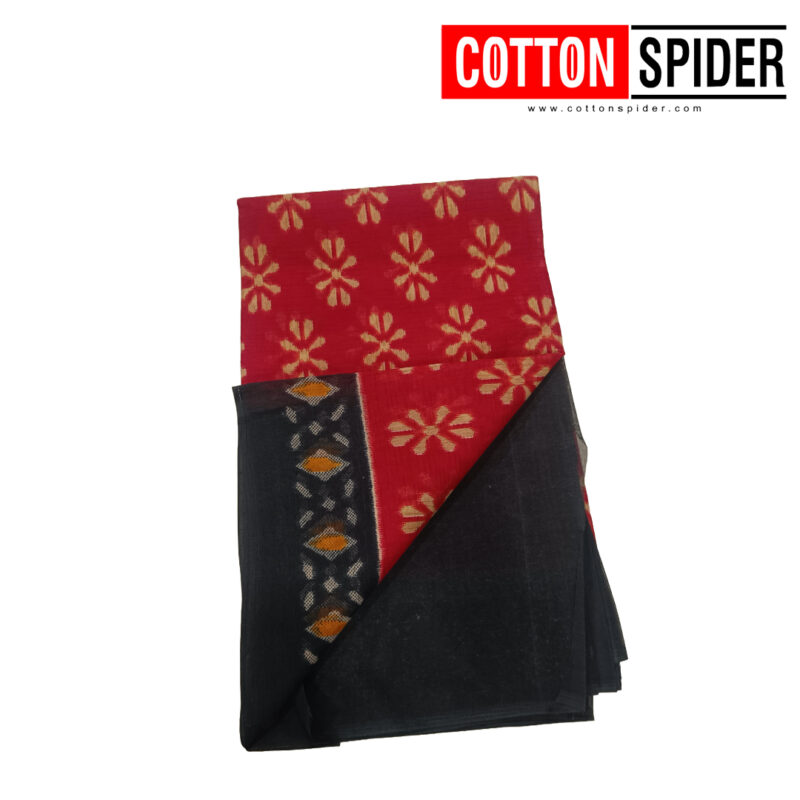Fancy Cotton Red  Saree with Blue Border - Image 3