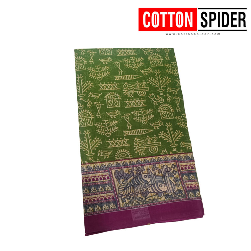 Fancy Cotton Green  Saree with Pink Border - Image 2