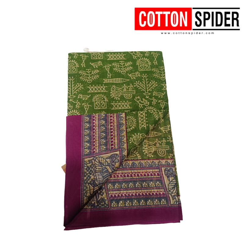 Fancy Cotton Green  Saree with Pink Border - Image 3