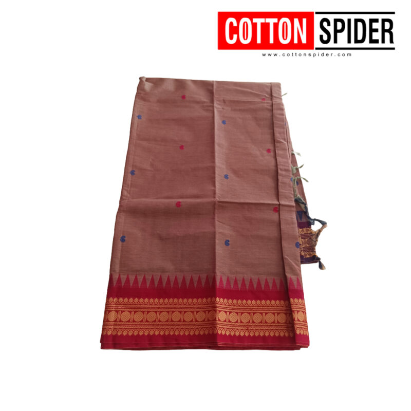 Chettinad  Brown Saree with  Red Border - Image 2