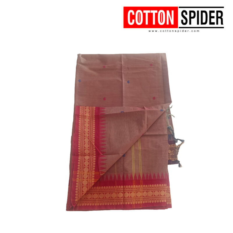 Chettinad  Brown Saree with  Red Border - Image 3