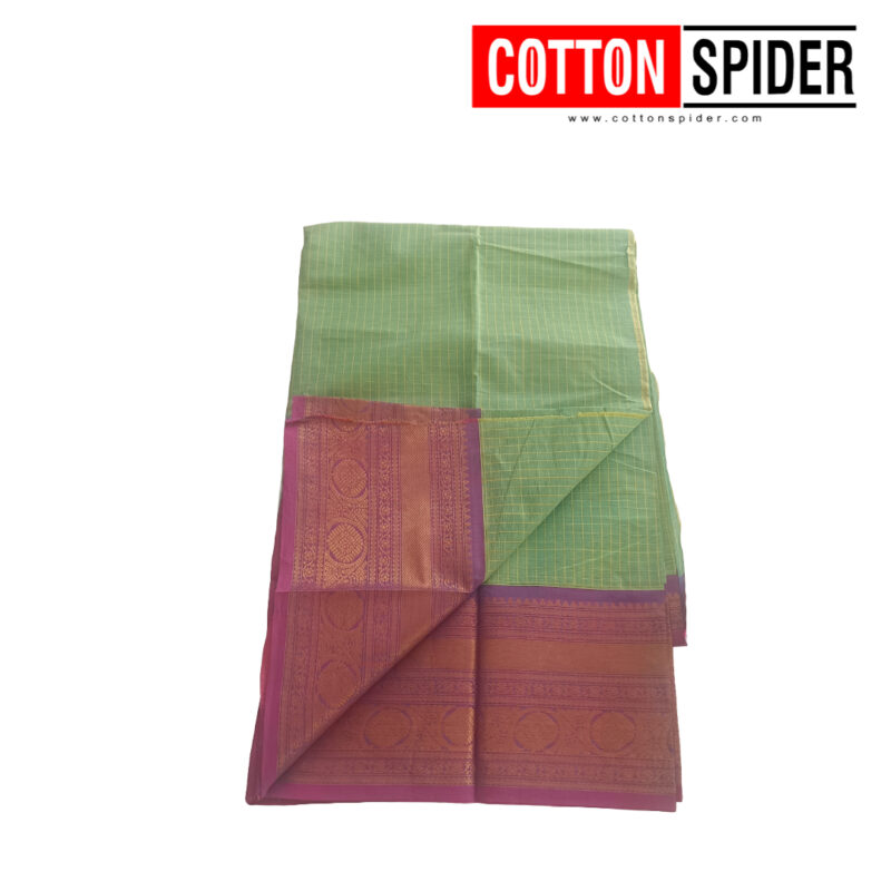 Chettinad  Green Saree with  Pink Border - Image 3
